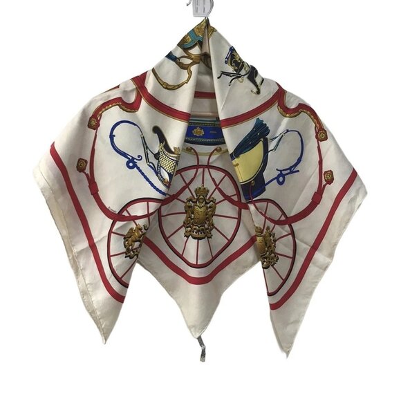 Auth HERMES Carre 90 - White Red Multi Scarf